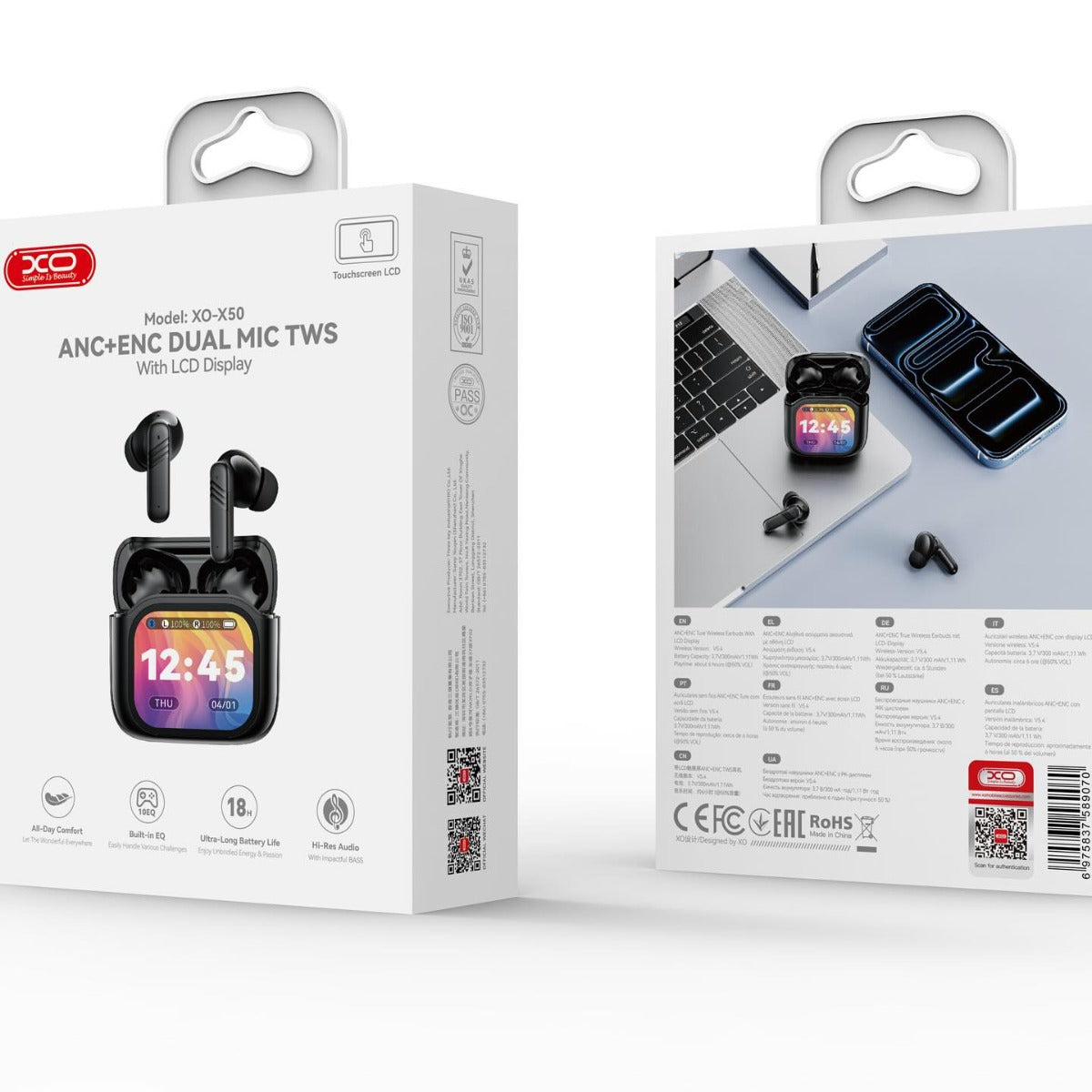 XO X50 Ακουστικά Bluetooth με Λειτουργίες ANC+ENC Dual Mic TWS & Smart LCD Οθόνη
